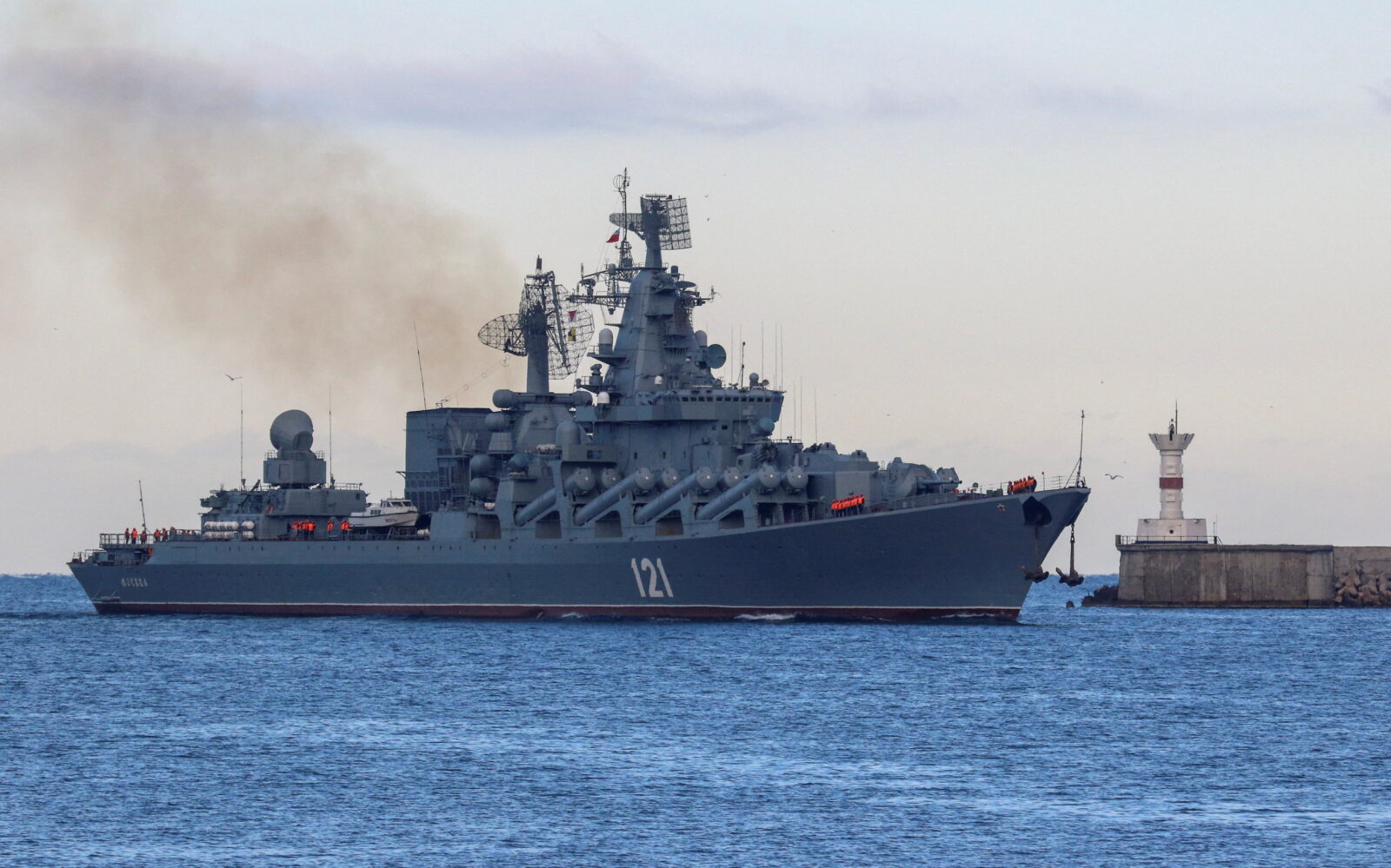 FILE PHOTO: Cruiser Moskva sails into the harbour of Sevastopol