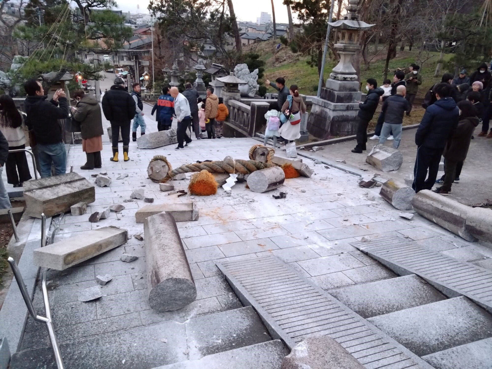 Collapsed torii gate caused by an earthquake is seen at Onohiyoshi Shrine in Kanazawa, Japan